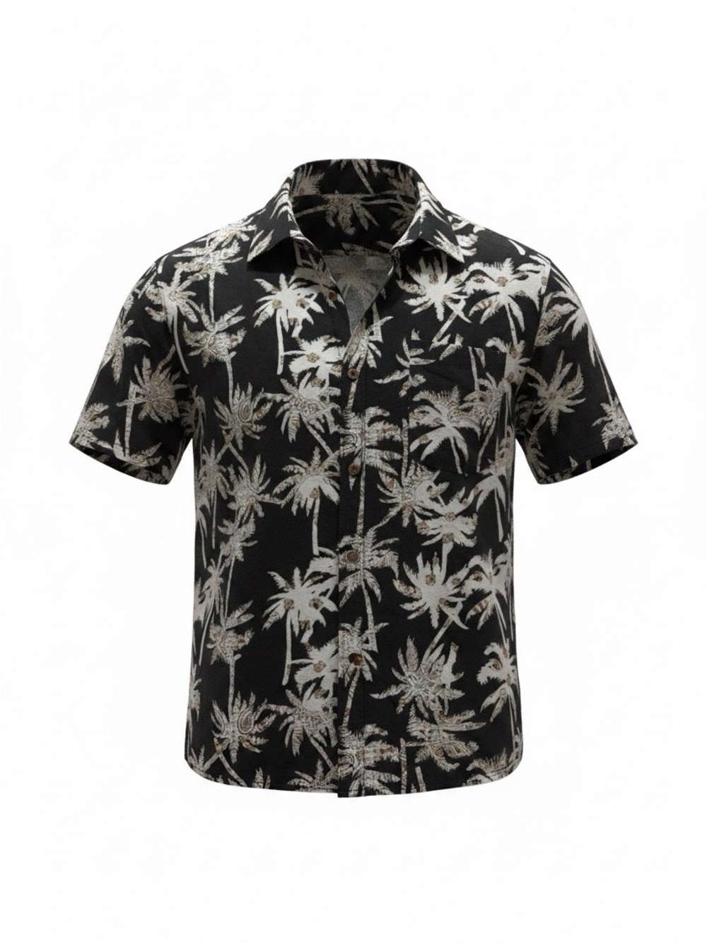 Casual Black Palm-Print Short-Sleeve Button-Down Shirt